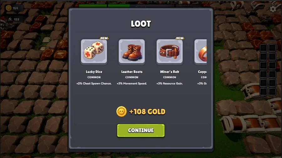Head Miner loot screen with three item rewards and a gold bonus