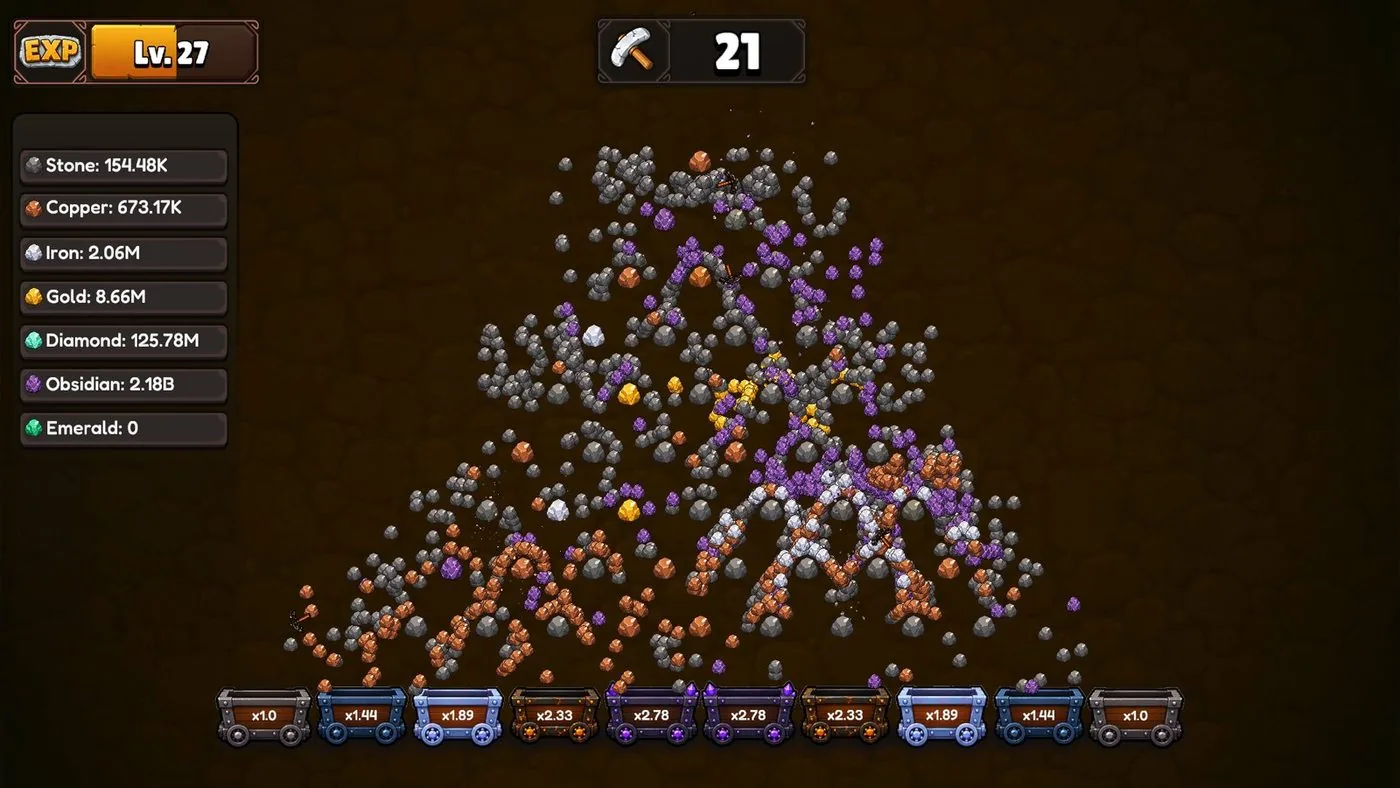 Plinko Mining: a triangular field of ore covered in falling pickaxes, with collector carts along the bottom