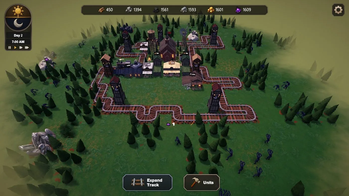 Rail Guard at dusk: a railway loop around a settlement while enemies gather outside the track